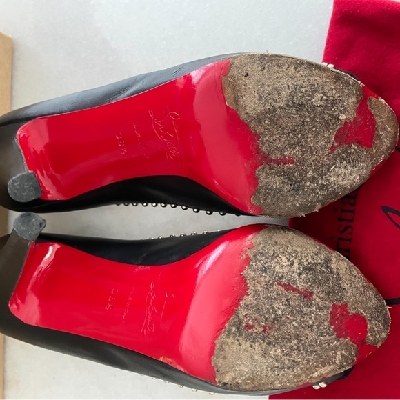 Christian Louboutin- Black Leather Peep Toe Studded Heels - Picture 6 of 11